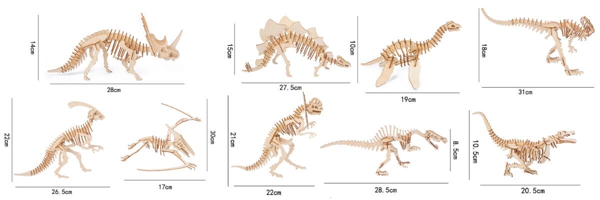 Verschiedene 3D-Dinosaurier-Puzzles aus Holz in verschiedenen Größen. Toll für Kinder!