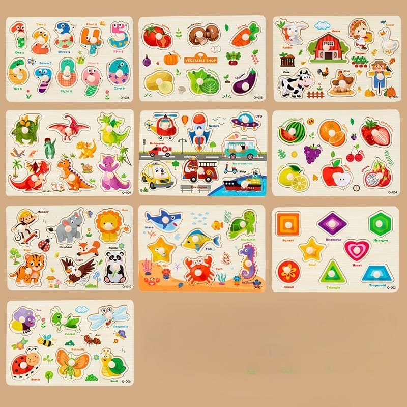 Set aus bunten Montessori-Puzzles aus Holz für Kleinkinder mit Zahlen, Buchstaben, Formen, Tieren und Fahrzeugen.