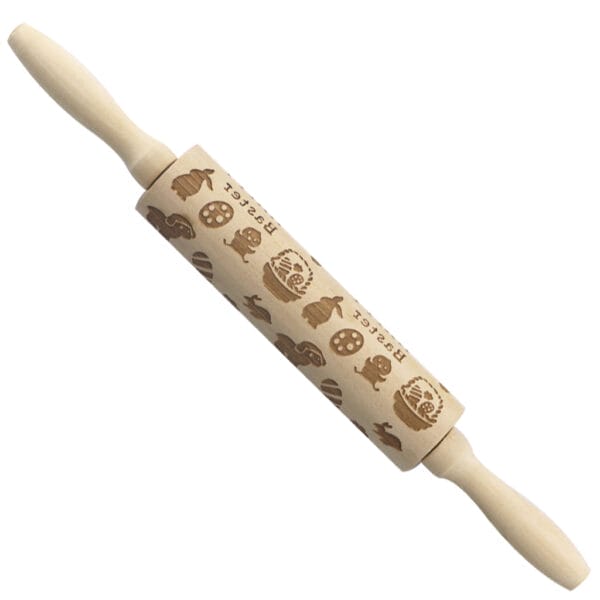 Oster-Nudelholz aus Holz mit Hasen, Eiern und der Gravur „Ostern“. Ideal zum Backen.