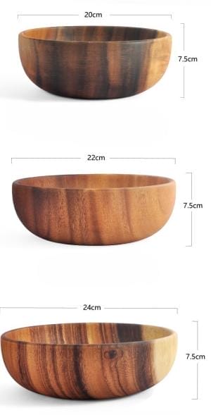 Holz Salatschüsseln aus Akazienholz in drei Größen: 20cm, 22cm, 24cm.