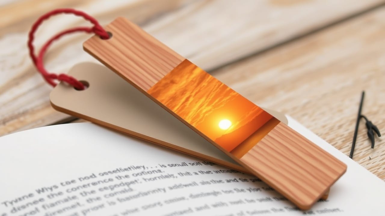 Lesezeichen aus Holz mit Sonnenuntergangsbild, handgemachte Lesezeichenidee