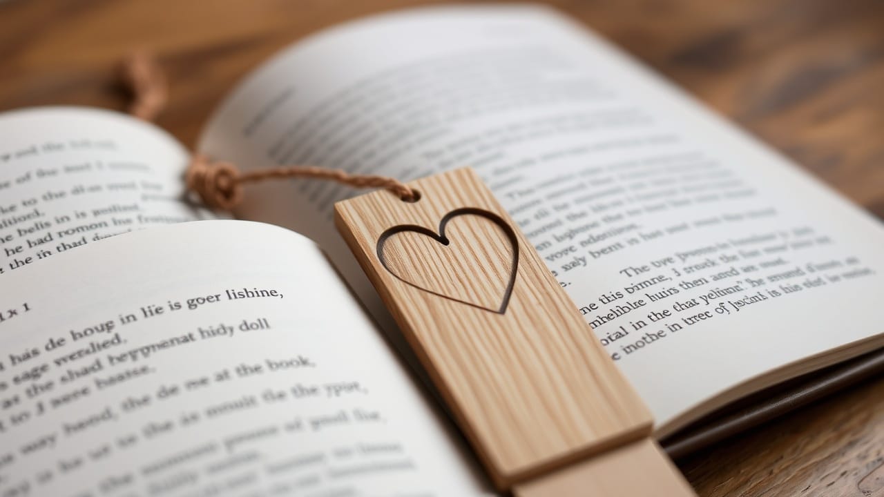 Lesezeichen aus Holz mit Herzdesign im offenen Buch. DIY Lesezeichen aus Holz.