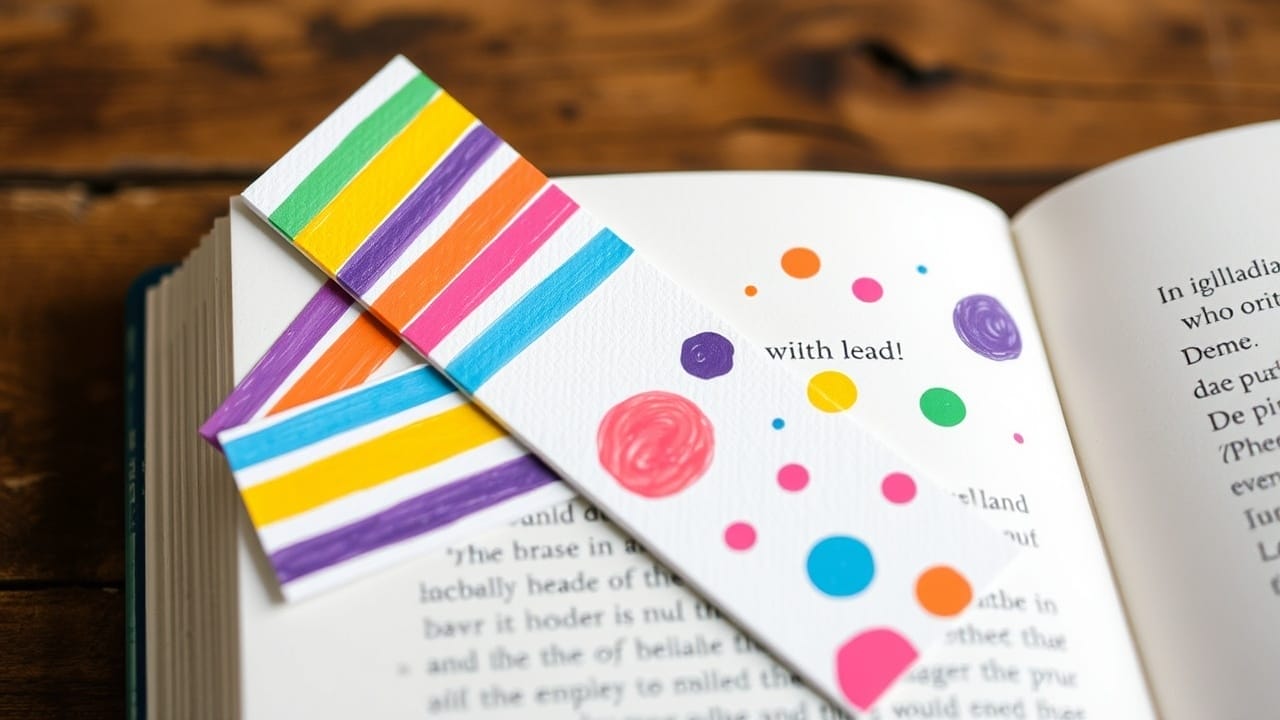 Bunte gestreifte und gepunktete Lesezeichen im offenen Buch. „Mit Blei!“