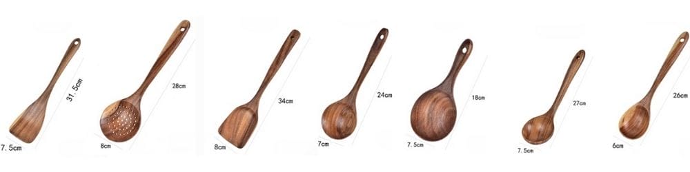 7-teiliges Kochbesteck aus Holz: Teakholz-Set mit Schöpfkellen, Pfannenwender und Löffeln.