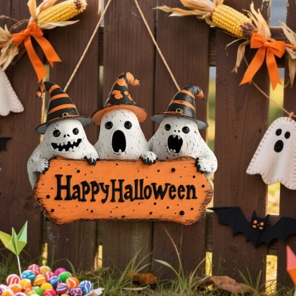 Drei freundliche Geister in Hexenhüten halten ein „Happy Halloween“-Schild.