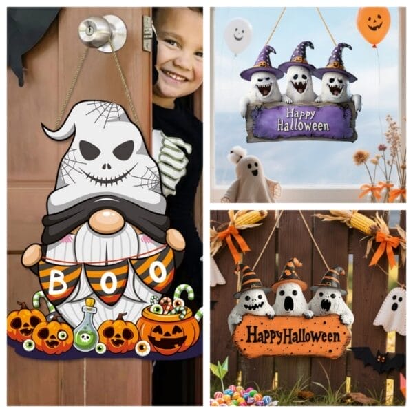 Drei Halloween-Geisterdekorationen hängen an einer Tür, mit einem Gnom und Akzenten aus Maisbonbons.