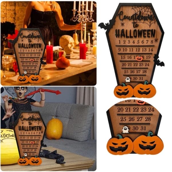 Halloween-Countdown-Holzkalender mit Kürbissen. Text „Countdown bis Halloween“.