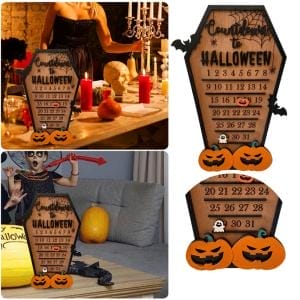 Halloween-Countdown-Holzkalender mit Kürbissen. Text „Countdown bis Halloween“.