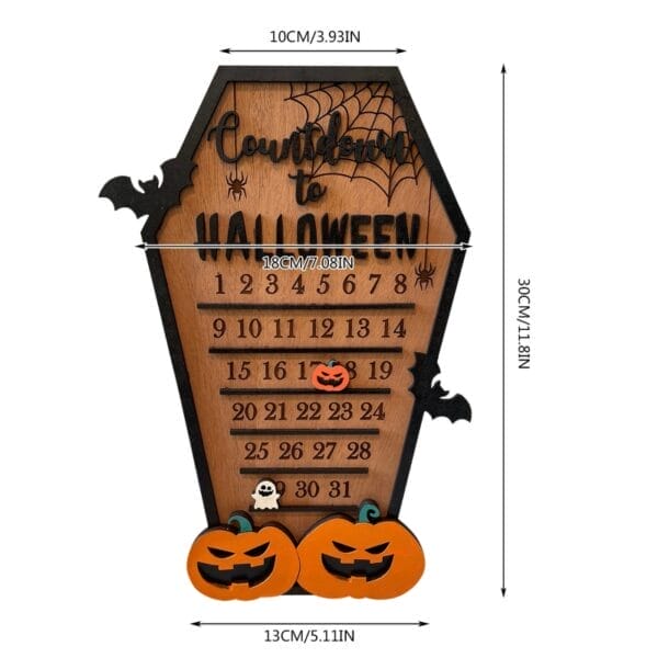 Halloween-Countdown-Kalender: Holzsarg-Design mit den Zahlen 1-31, Kürbissen und Fledermäusen. Perfekt für die Tischdekoration.