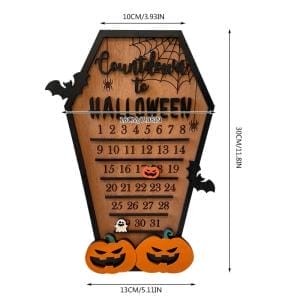 Hölzerner Halloween-Countdown-Kalender mit den Zahlen 1-31, Kürbissen und Fledermäusen.