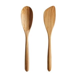 Set mit Kochutensilien aus Holz: Pfannenwender und Löffel aus Olivenholz. Holz Kochbesteck.