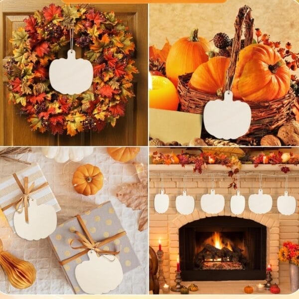 Kürbis-Anhänger aus Holz zum Dekorieren von Geschenken und einem Kaminsims für Halloween. DIY-Halloween-Dekor.