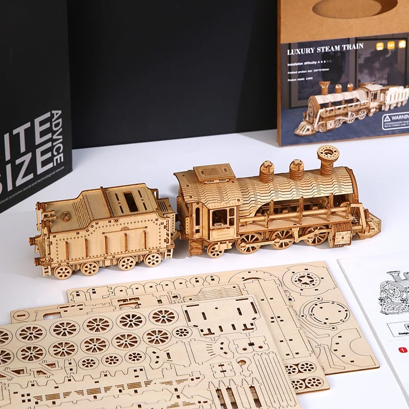 Zusammengesetztes 3D-Holzpuzzle, luxuriöser Dampfzug-Modellbausatz mit zusätzlichen Teilen.