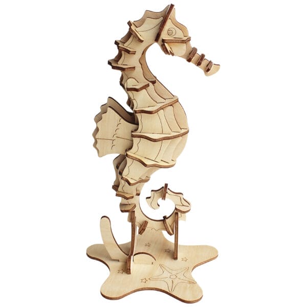 3D-Seepferdchen-Puzzle aus Holz, kreatives Modell für Kinder. Zusammengesetztes Modell auf Seesternbasis.
