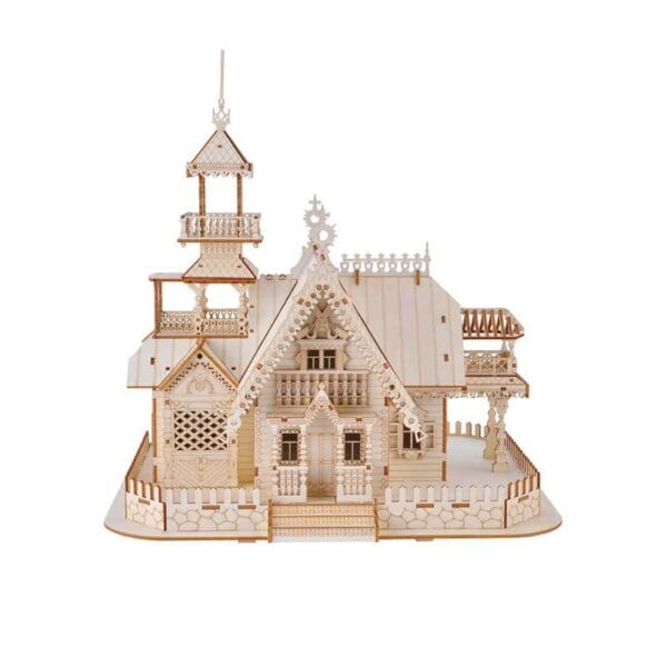 Komplizierte 3D-Puzzle-Villa aus Holz, ein lustiger DIY-Modellbausatz für Kinder und Erwachsene.