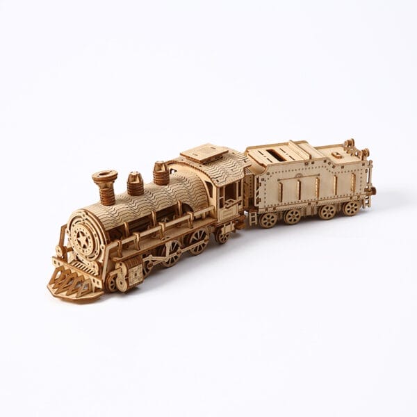 Detailliertes 3D-Holzpuzzle eines Luxuszuges. Ein Modellbausatz für Erwachsene.