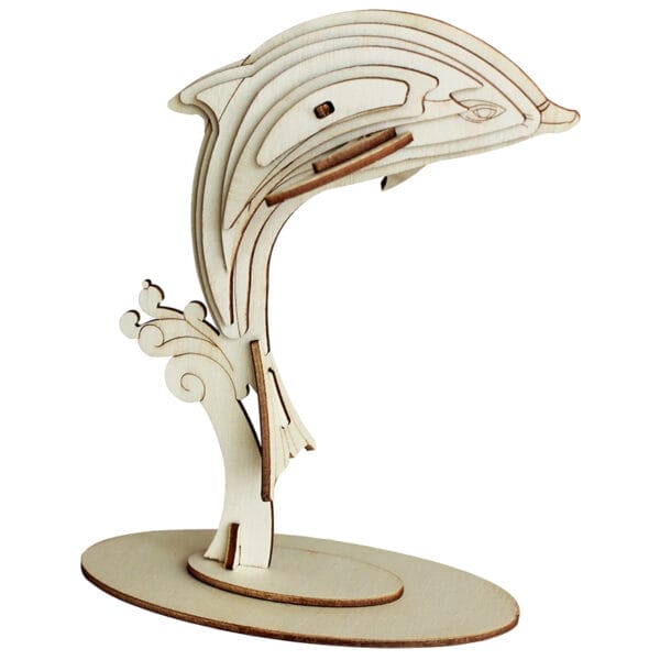 3D-Holzpuzzle mit einem Delphin, der aus den Wellen springt. Ein kreativer Modellbausatz für Kinder.