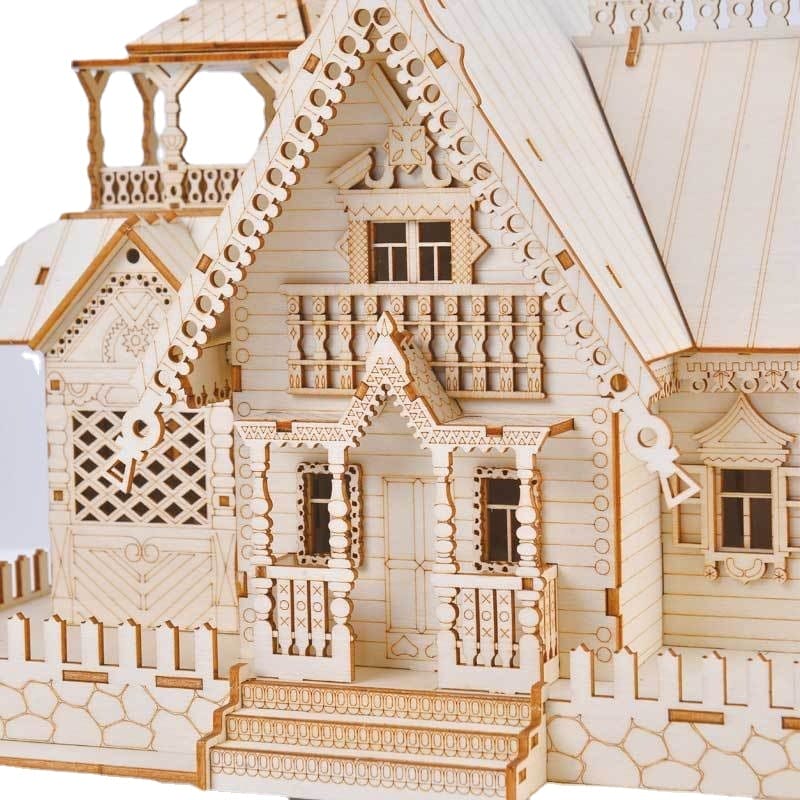 Komplizierte 3D-Puzzle-Villa aus Holz, DIY-Modellbausatz.