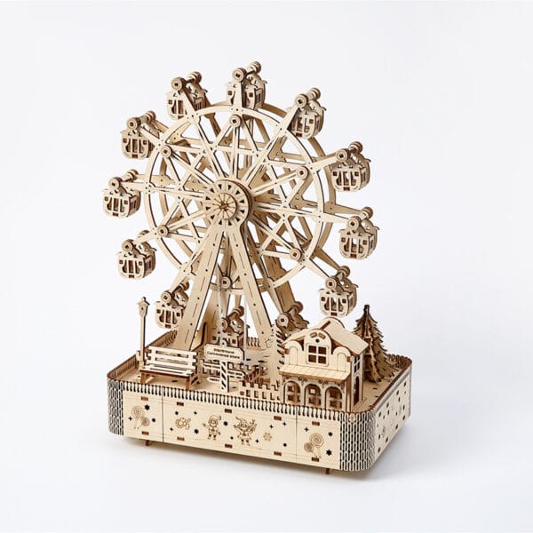 3D-Puzzle aus Holz eines Riesenrads mit Spieluhrsockel. Verspieltes Design.