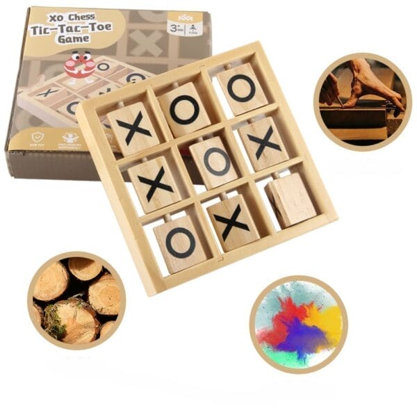 Tic-Tac-Toe-Spiel aus Holz mit X- und O-Teilen. 3D Holz-XO Tischspiel.