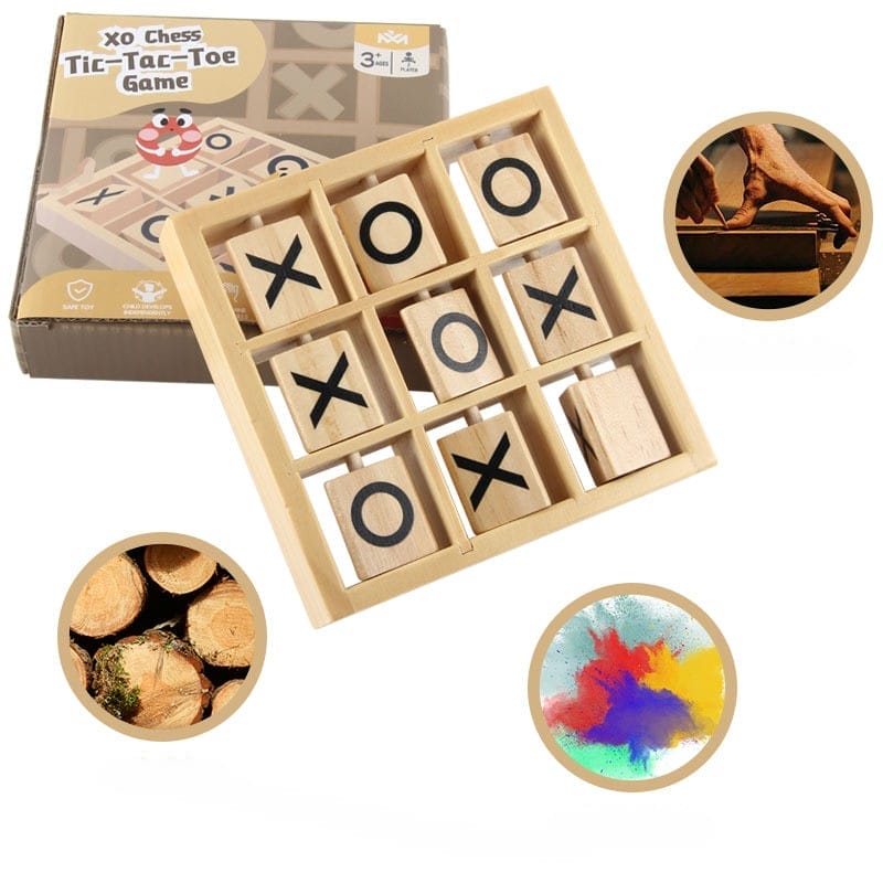 Tic-Tac-Toe-Spiel aus Holz mit X- und O-Teilen. 3D Holz-XO Tischspiel.