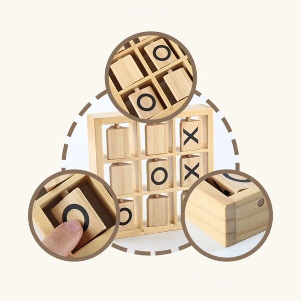 Tic Tac Toe-Spiel aus Holz mit X- und O-Spielsteinen. 3D-Design. Spiel für zwei Spieler.