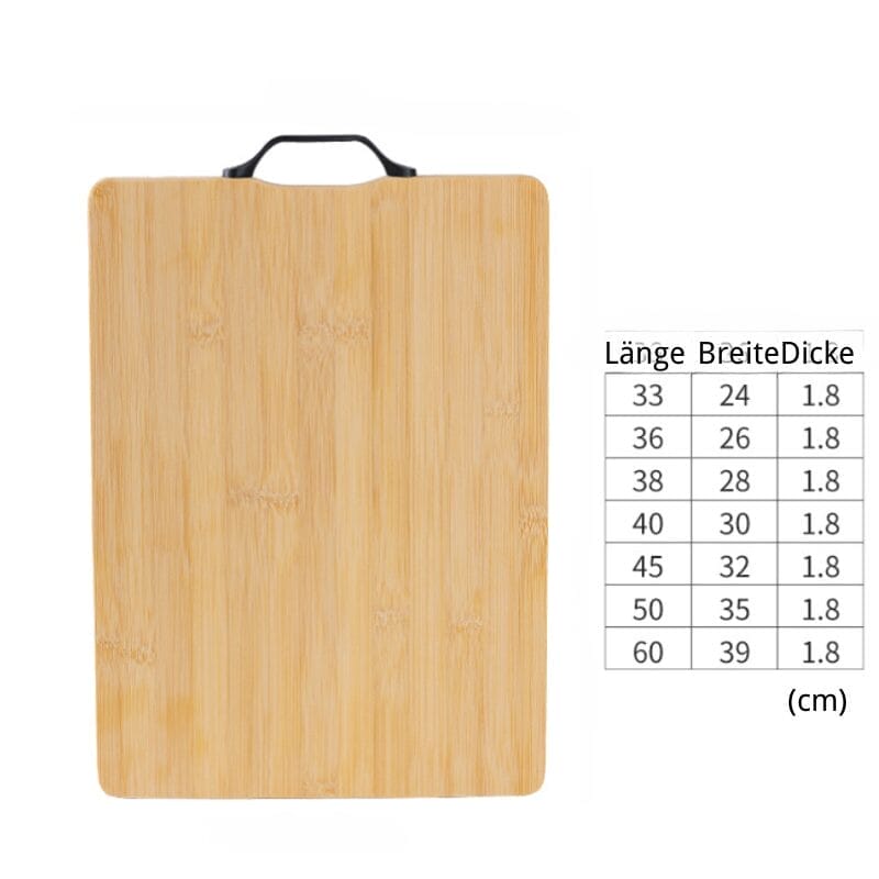 Dickes Bambus-Schneidebrett mit Tragegriff; Maße: 33–60 cm Länge, 24–39 cm Breite