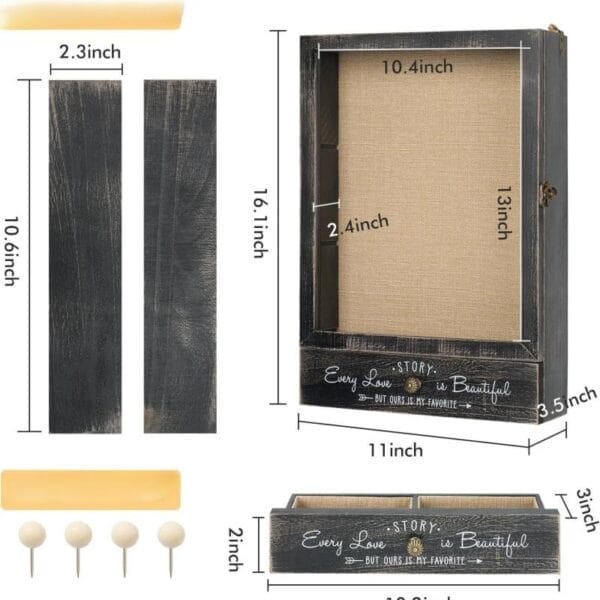 Abmessungen der dekorativen Holzbox mit Rahmen und Schublade. Text „Jede Liebe ist schön“.