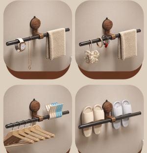 An der Wand montierter Handtuchhalter aus Walnussholz mit verschiedenen Artikeln: Handtuch, Schmuck, Kleiderbügel und Hausschuhe. Bohrfreie Montage für Bad und Küche