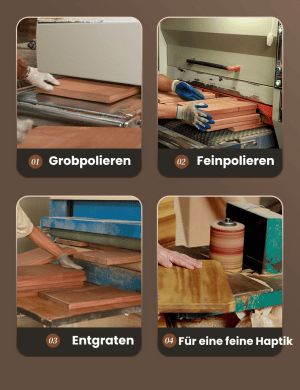 Handschleifen eines Schneidebretts aus Kirschholz. Antibakterielles Küchenbrett.