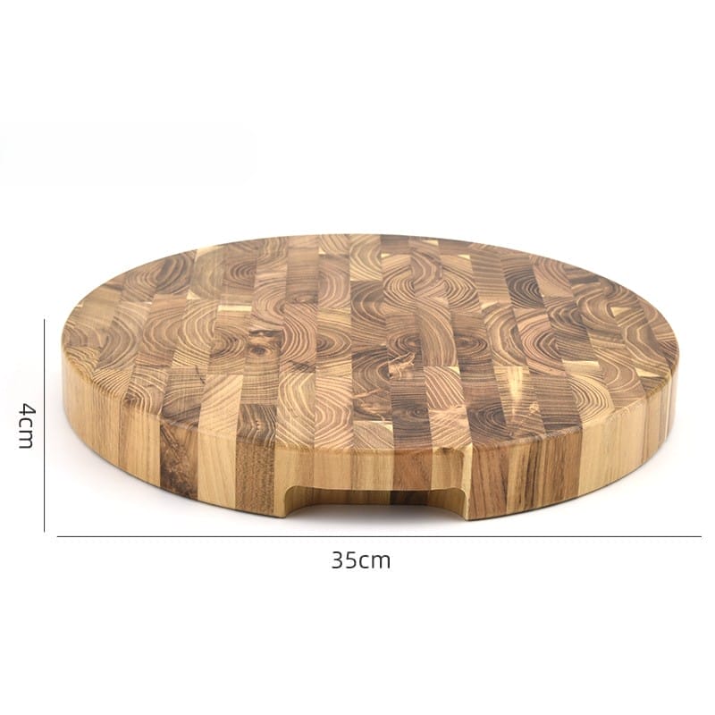 Rundes Schneidebrett aus Teakholz, 35 cm Durchmesser, 4 cm hoch, mit Fingerlöchern. Großhandel erhältlich.