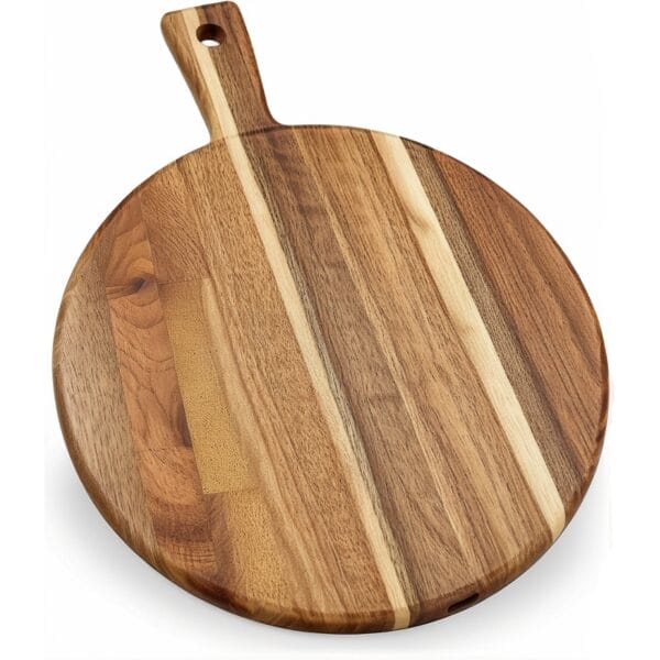 Rundes Schneidebrett aus Akazienholz mit Griff, perfekt für Pizza oder Käse. Holz Schneidebrett.