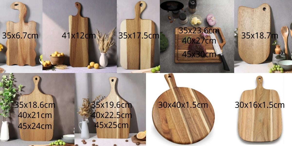 Verschiedene Schneidebretter aus Akazienholz, darunter runde und rechteckige Formen, mit Maßangaben.