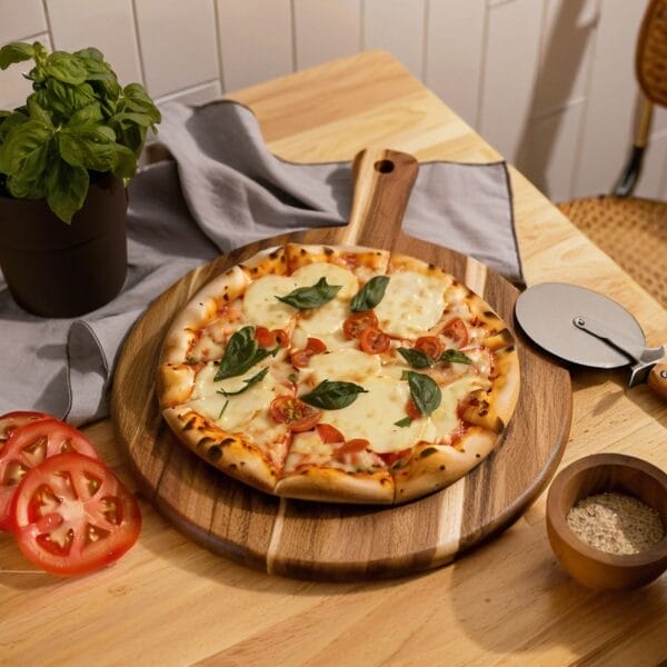 Köstliche Pizza Margherita auf einem dicken Schneidebrett aus Akazienholz.