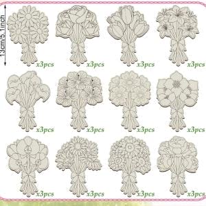 Zwölf Designs von Holzscheiben mit Blumensträußen, perfekt für DIY-Frühlingsbasteleien. Insgesamt 36 Stück.