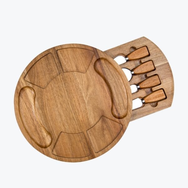 Runde Käseplatte aus Akazienholz mit Käsemesser-Set