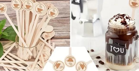 Kaffeerührer aus Holz mit Kaffeetassen-Logo. Kaffeerührer mit anpassbarem Logo.