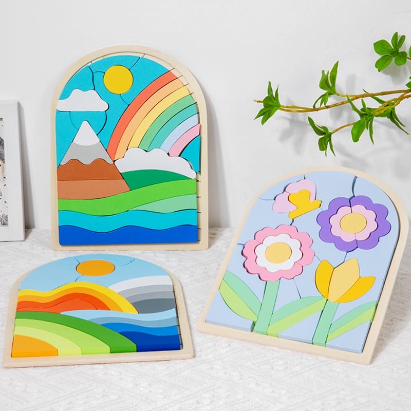 Drei bunte Holzbogenpuzzles für Kinder: Regenbogen, Blumen und Sonnenuntergang. Ideal für Konzentration und Farberkennung.