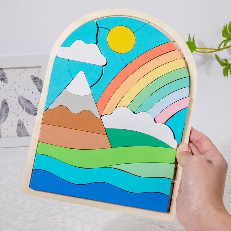 Regenbogen-Puzzle aus Holz für Kinder, fördert die Konzentration und Farberkennung. Mit Berg und Sonne.