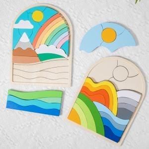 Bunte Regenbogen-Puzzles aus Holz für Kinder. Fördert die Konzentration und Farberkennung.