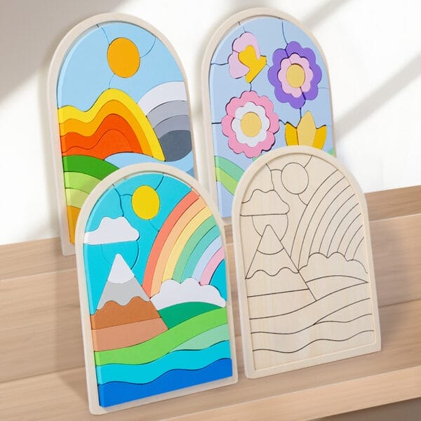 Vier bunte Holzbogenpuzzles für Kinder; Regenbogen-, Berg-, Blumen- und Blanko-Designs. Perfekt für Farberkennung und Konzentration.
