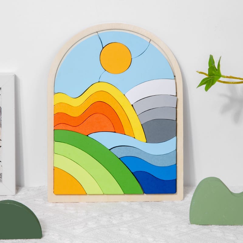 Buntes Regenbogen-Puzzle aus Holz für Kinder, das die Konzentration und Farberkennung fördert.