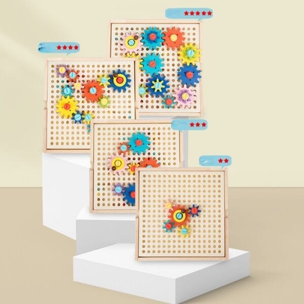 Buntes Holzzahnrad-Spielzeugset, Motorikbrett Zahnradspiel, für Kinder. Verbessert die Hand-Auge-Koordination.
