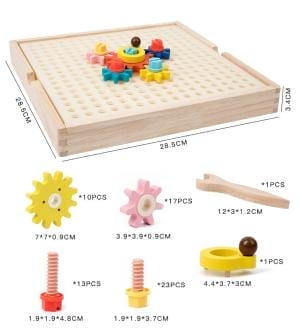 Holzspielzeug mit Stecktafel, Schrauben und bunten Zahnrädern. Ideal für die Hand-Auge-Koordination.
