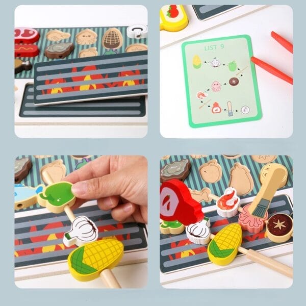 Holz-BBQ-Grill-Spielzeugset für Kinder. Beinhaltet Lebensmittelstücke und Spieße. Großhandel Holz Rollenspiel.