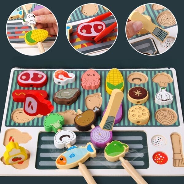 Holzgrill-Spielzeugset für Kinder. Enthält verschiedene Lebensmittelteile für fantasievolles Spielen.