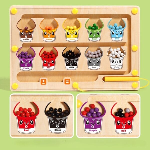 2-in-1-Farb- und Zähllabyrinthspiel aus Holz. Mit bunten Eimern und Murmeln zum Sortieren und für mathematische Aktivitäten.