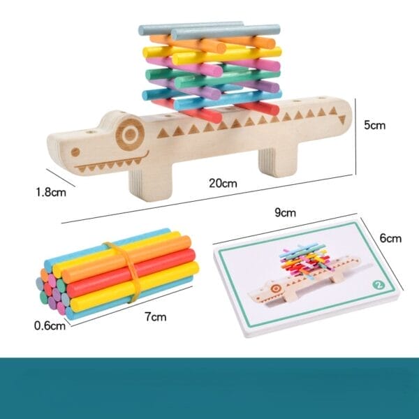 Krokodilspielzeug aus Holz mit bunten Stapelstäben; Montessori-Farbsortierspiel.