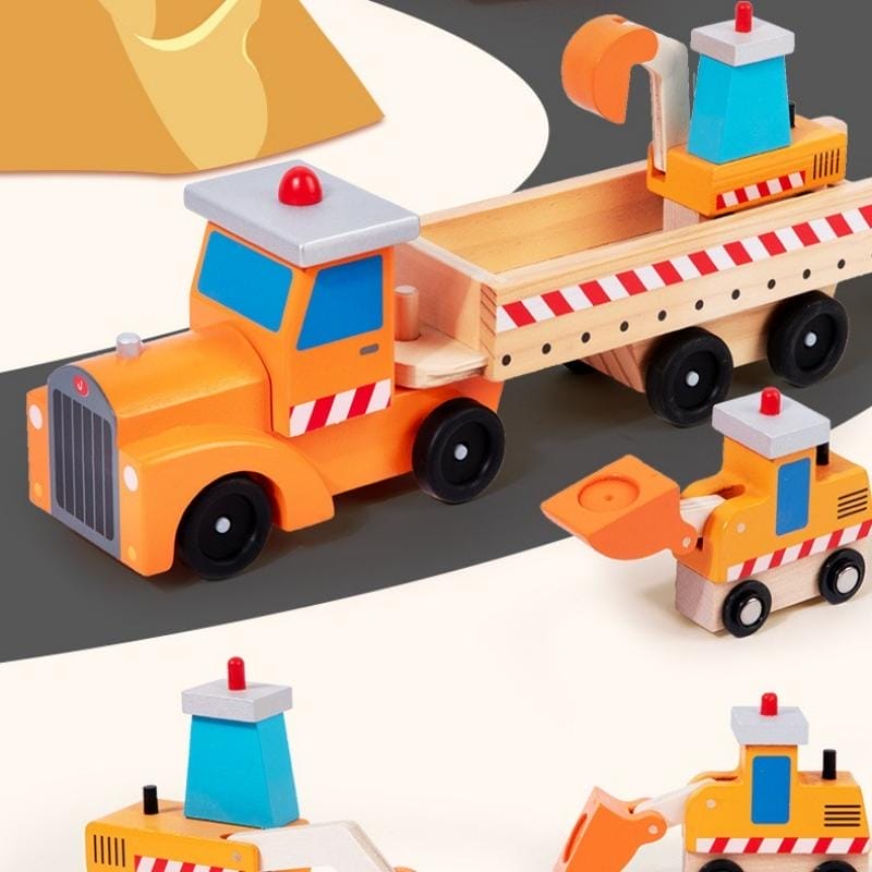 Set aus Holzspielzeug-Baufahrzeugen: LKW, Bagger. Realistisches Großhandelsspielzeug.