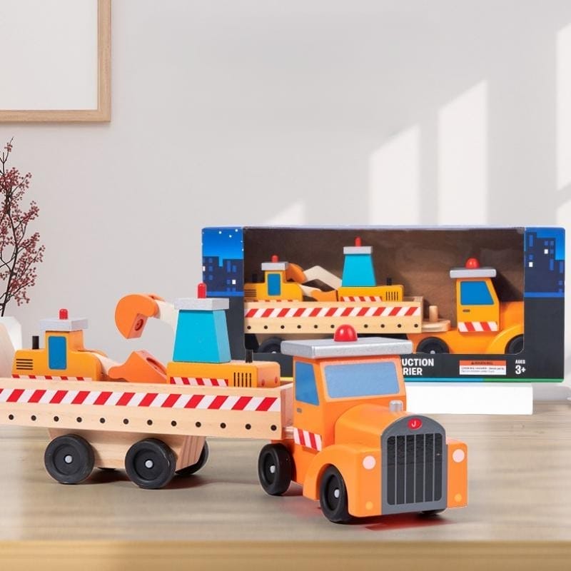 Baufahrzeug-Set aus Holz mit LKW- und Baggerspielzeug. Ideal für den Großhandel.